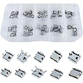 Rierousy Pack of 50 Micro USB Female Connectors, 5-Pin DIP 180 Degrees, 10 Models, 5 Pieces of Each Type Connector Set for Ph