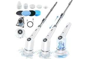 ADSAQOP Brosse Electrique Nettoyage, Nettoyeur de Douche à Affichage Numérique sans Fil à 3 Vitesses Max 510 RPM, Nettoyeur à Longue Poignée et 9 Brosses Remplaçables, pour la Maison, Voiture