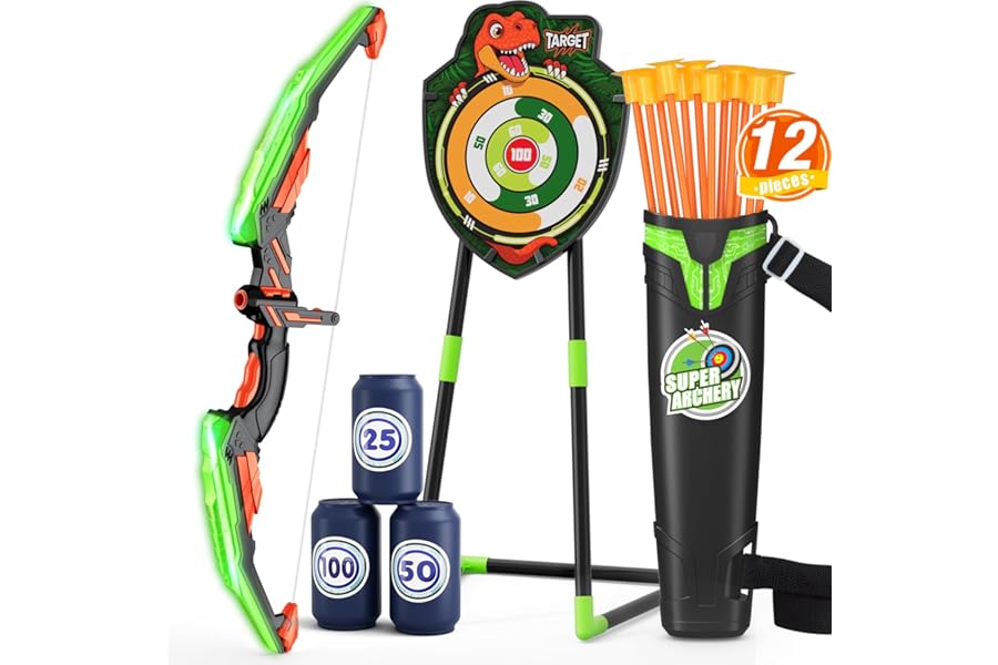HYES Bow and Arrow for Kids, LED Light Up Archery Set with 12 Suction Cup Arrows, 1 Standing Target, 3 Score Targets & 1 Quiver, Indoor Outdoor Sport Gifts for Boys Girls Ages 4-12, Green