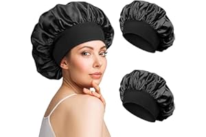 PhieeSeriy 2 Stück Seidenhaube zum Schlafen, Schlafmütze Satin Bonnet Nacht Schlaf mit Gummiband für Lange, lockige Haare, Weiche rutschfest Satin Haarhaube für die Nacht, Schwarz/Schwarz