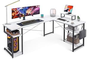 ODK Mesa Gaming con Estanteria, Escritorio Gaming con Soporte para Monitor, Escritorio Esquinero Blanco 168×120 cm
