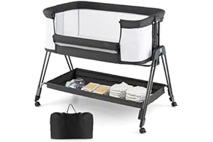 COSTWAY Baby Bedside Crib, Easy Folding Cot Bed with Mattress, All-Side Mesh, Storage Shelf and Travel Bag, Height Adjustable Newborn Sleeper for Birth to 9kg (Dark Grey)