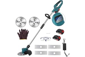 BLODFUNE 9'' Metal Blade Strimmer, 1280W Cordless Grass Trimmer, 18000 RPM Brush Cutter, with 2 Batteries & LED Display Strimmer, Rechargeable Handheld Brush Cutter (Blue)