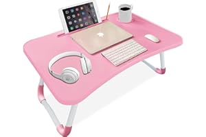 Blisswood Laptop Table Sofa Bed Lap Tray Standing Desk, Sofa Breakfast Portable Bed Tray Folding Laptop Lap Desk Cup Holder Notebook Stand Steel Legs 60x40x28cm for Reading Writing Working, Pink