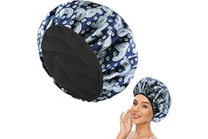 AABDTYYD Gorro de Ducha Satén Triple Capa Extragrande, Forro Microfibra Impermeable, Estampado Azul