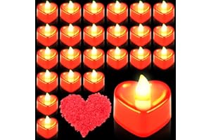 ORTCI Acboor 24 velas de té LED en forma de corazón, 1000 piezas artificiales de pétalos de rosa artificiales, decoración de compromiso, para San Valentín o boda (rojo)
