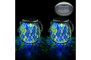 TOTHDATE 2PCS Oval Mosaic Solar Lights Outdoor Garden, On/Off Glass Hanging Solar Mosaic Lanterns Lights IP65 Waterproof for Table Lawn Path Courtyard Deck Fence, Blue Mosaic Glass