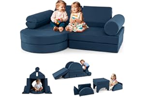 COSTWAY Kids Play Couch, 13-Piece Modular Toddler Soft Foam Playset with Machine Washable Suede Cover, Fold Out Convertible Children Sofa Bed for Kidsroom Bedroom (Navy)