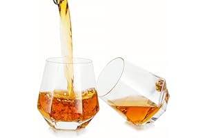 HANOBE Vasos de whisky de diamantes de whisky: juego de 2 vasos de vino con inclinación geométrica única de cristal de roca antigua para cóctel Scotch Cognac Bourbon Beber Bar Copas de cristalería 10 oz