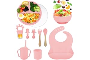 Bizcasa Vajilla para Bebés de Silicona,11 Piezas Vajilla de Silicona Plato Bebe Ventosa,Para Niños Aprender,Tazón de Platos,Cuchara de Babero,Tenedor,Taza de agua potable–Libre BPA (rosa)