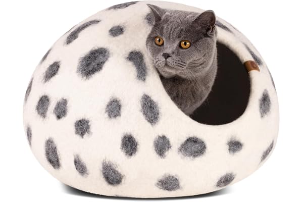 MEOWFIA Cave à Chat en Feutre – Lit Grotte Cosy Laine Mérinos, Fait à la Main – Maison pour Chats et Chatons (Taille L, léopard des neiges)