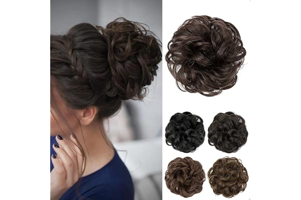 JJstar Chignon Postiche Cheveux Grande Postiches Bouclés Ondulés Chouchou Cheveux Naturel Faux Chignon Elastique pour Femmes Fille(Marron foncé)
