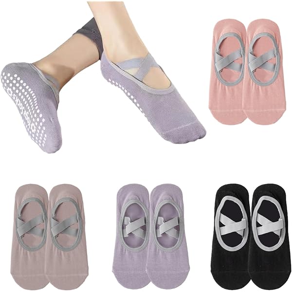 Lot De 4 Paires De Chaussettes De Yoga Antidérapantes Pour Femmes - Semelle Silicone, Sangles Croisées