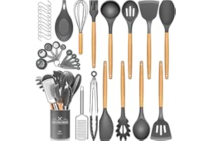 D L D Set di 34 utensili da cucina in silicone, resistenti al calore, con manici in acciaio inox di alta qualità, per cucinare e cuocere, spatola antiaderente, set di utensili da cucina (grigio)
