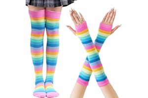 CWENDANER Regenbogen High,Overknee Strümpfe Damen Mädchen,Socks Lange Socken Volleyballsocken Sportsocken mit fingerlosen Handschuhen Set für Party, Halloween Kostüme