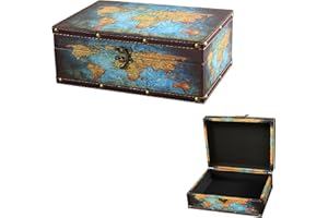LIKEUDO Holz Dekorative Aufbewahrungsbox Box PU Abdeckung Weltkarte Erscheinung Holzkiste Zuhause Deko(23cm*16.5cm*9.5cm)