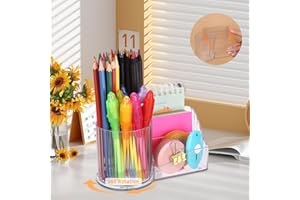 ZOFORY Obrotowy uchwyt na długopisy, obracany o 360 stopni, organizer na długopisy z 5 przegródkami i 1 kawałkiem kleju, organizer na biurko, obrotowy, przybory biurowe, wielofunkcyjne pudełko do