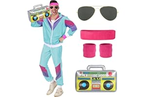 BIQIQI 80s 90s Fancy Dress Costumes Men Women, 80s Shell Suit Costume Retro Tracksuit with Pilot Glasses Headband Wristbands Inflatable Boom Box, 1980s Fancy Dress for Carnival Parties Halloween