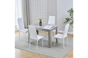 NICEME Dining Room Set, Beton Grey Dining Table with Chairs, 110x70 cm Table and Chairs for Living Room Home Kitchen (Table with 4 Chairs, White Faux Leather), SS-4049