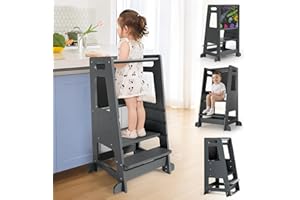 Hlieeosfcn Learning Tower 3 Level Adjustable Heights 91cm,Toddler Kitchen Helper with Detachable Chalkboard, kids kitchen Step Stool for Kitchen Counter(Grey)