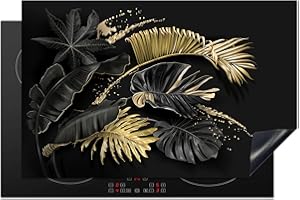 KitchenYeah© Protection Plaque Induction 80x52 cm Protege Deco Cuisine Cache Protège De Cuisson Accessoires Feuilles - Or - Noir