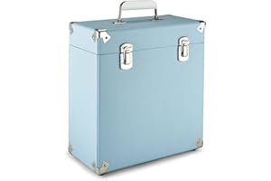 GPO Portable 12 Inch Vinyl Carry Case, Music Storage Box Holding up to30-35 LP Records, Lightweight and Robust Record Case Cover with Detachable Lid, Blue