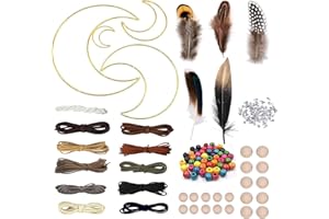 iDMRURvm Mond Traumfänger Bastelset Dreamcatcher Handgefertigt mit 4 Stück Mond Metallreifen 10 Stück 3 mm Lederschnur 50 Stück Federn 70 Stück Gemischten Holzperlen 22m weiße Schnur