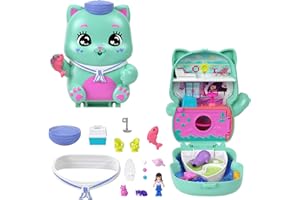Polly Pocket Coffret Chaton Marin Jouet de voyage avec 1 mini-figurine, chats, nourriture et accessoires de mode, JCR37