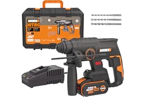 WORX Perforateur sans fil Brushless 20V WX381, 2J, 3 en 1, Perçage, Percussion, Burinage dans tous les matériaux, antivibrations, livré avec 1 Batterie 4Ah, Chargeur et Accessoires