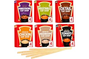 ASOKOBOX Cup Soup Variety Pack - 6 Flavours, 24 Sachets - with Chicken, Minestrone, Tomato, Mushroom, Oxtail, and Vegetable - Includes 24 x Individually Wrapped Wooden Stirrers