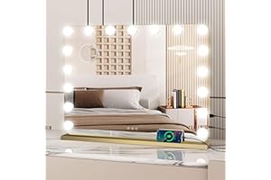 YU YUSING Specchio Trucco con Luci Hollywood, 80X62cm Specchio 18 Lampadine Led Trucco USB, 3 Temperature di Colore, Specchio da Tavolo 10X, Specchio Cosmetico da Parete, Angolo Arrotondato, Dorato