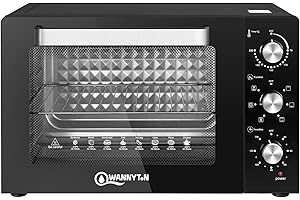 WANNYTON Forno Elettrico Capacità 45 Litri con Luce Interna, Fornetto per Pizza 1700W Accessori Inclusi, Doppio Vetro, 6 Funzioni di Cottura, Timer e Termostato Regolabili, Nero