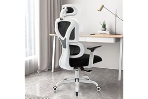KERDOM Sillas Ergonomicas Oficina, Silla de Escritorio con Soporte Lumbar,Reposacabezas Ajustable, Reposabrazos, Silla 360° Giratoria para computadora,Blanco