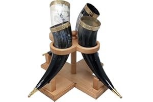 Galaxy Indiacraft Viking drinking mug, handmade, natural ox horn, mug for ale, beer, mead, wine, 30.5 cm, 100% leak-proof, with a beautiful wooden stand, set of 4