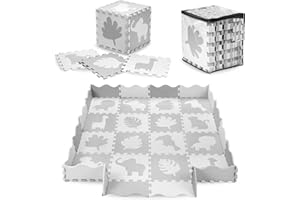 MoMi MAED00013 Tiere ZAWI Puzzle aus Eva-Schaumstoff, 16 Teile je 30 x 30 x 1 cm, ideal als Krabbelmatte (150x150 cm), Laufstall (120x 120x15 cm), Spielunterlage, Spielzeugaufbewahrung, Grau