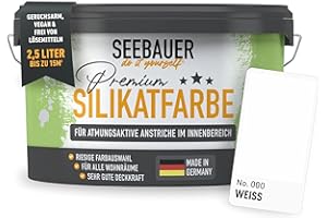 SEEBAUER diy Silikatfarbe Weiß 2,5L für Innen (No. 000 Weiß) Atmungsaktive Mineralfarbe für Allergiker - Abwaschbare Wandfarbe - Farbtöne hohe Deckkraft