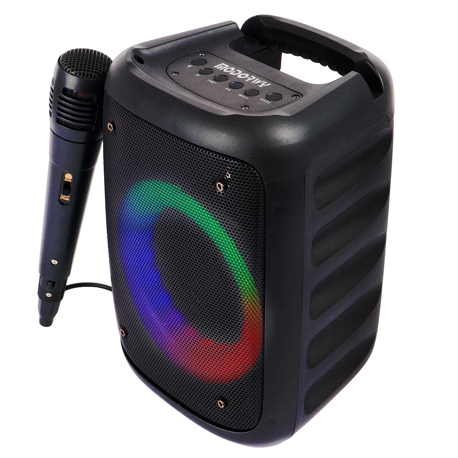 Modorwy MD-103H 2200mAh Portable BT v5.0 Speaker with TWS, 12W RMS, Wired mic Karaoke, 5H Backup, RGB LED, FM Radio, AUX, USB, Micro SD, Built in Rechargeable Battery and Mobile Holder