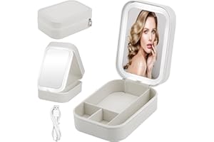 JIZZU Trousse Maquillage avec Miroir LED Lumineux, Trousse de Toilette en Cuir étanche avec Compartiments, Sac de Maquillage Femme pour Voyage (Blanc)