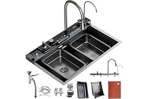 DSMRLEOP Fregadero cascada de 1 Cubeta, Multifuncional Fregadero de cocina, juego de Fregadero de Acero Inoxidable doméstico, fregadero fregadero negro con sifón, rebosadero y desagüe así como otros a