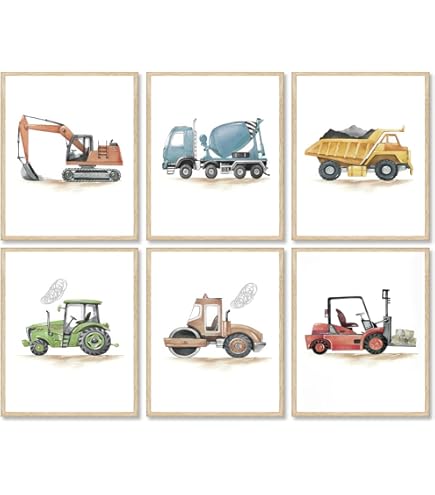 3er Set Bauauto Poster - Kinderzimmer Wandbilder Bagger 30x40cm Ohne Rahmen