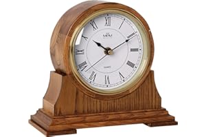 MPM Quality Retro Wood Table Clock, Brown, Traditional and Elegant Wooden Table Clock, Roman Numerals, Precise Quartz Stepper Motor, Wood, Beautiful Wall Decoration for Living Room, Kitchen or Office
