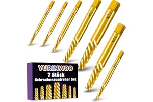 YURINWOO 7 Pièces Kit Extracteur de Vis Cassées Revêtu Titane, Acier CrV, Dureté 80 HRC, M3-M18 Extracteur de Boulons avec Coffret de Rangement, Adapté au Retrait de Vis, Tuyaux et Boulons