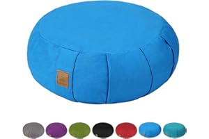 FelizMax Round Buckwheat Meditation Cushion, D=38cm H=14cm Zafu/Zabuton Meditation Pillow, Yoga Bolster, Floor Pouf, Zippered Organic Cotton Cover, Machine Washable, Crescent Yoga Pillow -Large Size