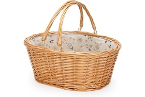 TWENTYNEXT Wicker Picnic Basket with Double Folding Handles, Natural Willow Hamper Empty Basket Cheap Easter Eggs Candy Storage Wine Basket for Toy, Flower, Wedding Gifts (Grey) (White)