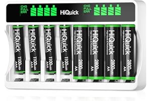 HiQuick Akku Ladegerät mit AA Akku 4 Stück und AAA Akku 4 Stück, für Mignon AA, Micro AAA NI-MH/NI-CD wiederaufladbar Batterien, 8-Ladeplatz mit LCD Anzeige