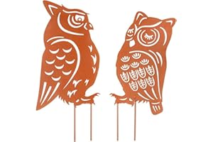 OKESYO Lot de 2 oiseaux décoratifs en métal rouillé pour jardin, balcon et terrasse - Motif chouette rouillée - Avec vis - Décoration de jardin pour jardin, balcon et terrasse