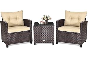 GOPLUS Juego de Muebles de Jardín para Balcón 3 Piezas, Mesa de Vidrio Templado, Cojines, Sillas Individuales, Mesa, Muebles de Terraza, Marrón