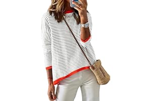 Cuptacc Jersey para Mujer A Rayas Sudadera Mujer Manga Larga Cuello Redondo AlgodóN Tops AlgodóN Casual Punto Jersey Mujer, Beigerrot