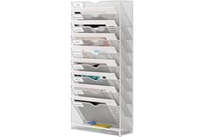 Senhoglb 10 Pockets Hanging File Organiser Wand Metall A4 Zeitschriftenhalter Dokumentenablage Hängeregister Zeitschriftenständer Flyerhalter Prospektspender mit 9 Fächern und 1 Tablett, Weiß