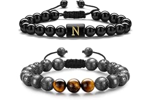 TINGN Lavastein Armband Herren mit Buchstaben, 2 Stück 8MM Tigerauge Stein Armband Obsidian Armband Stressabbau Yoga Perlen Armbänder Verstellbare Anti Angst Armband Geburtstag Geschenke für Männer
